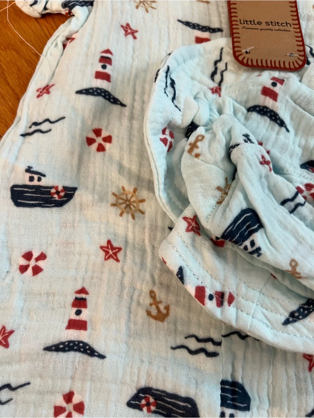 Little Stitch Nautical Print Baby Bottoms shorts romper and hat in Light Blue